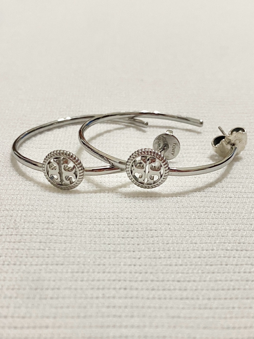 Tory Burch Rope Logo Silver Tone Brass Hoop Earrings